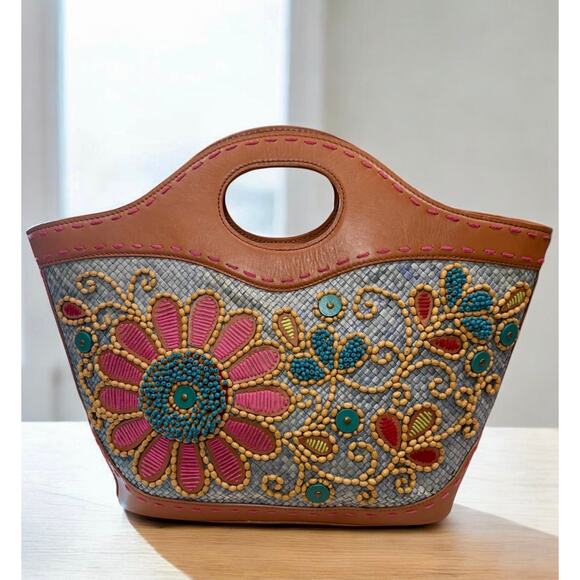 Isabella Fiore Handbags - Isabella Fiore Large Raffia Floral Beaded Applique Tote Bag